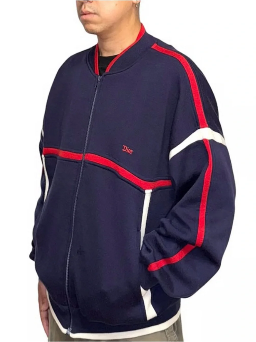 Vintage Dior Men’s Blue Zip-Up Track Jacket with Red and White Trim